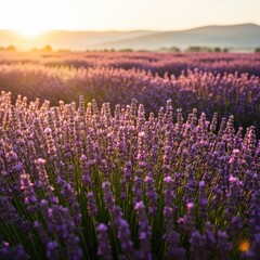 Fototapeta premium Lavender field at sunset with rolling hills in the background