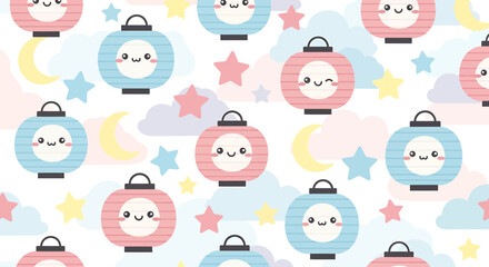 Obraz premium Cute Kawaii Lanterns Pattern with Moon and Stars