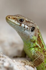 Fototapeta premium Macro photograph of a Mediterranean wall lizard with vivid green and brown markings