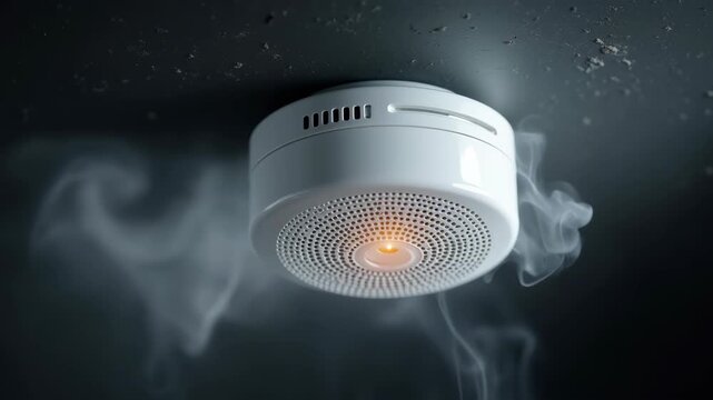 Close-up of a smoke detector with smoke, highlighting home safety and fire hazard detection. 
