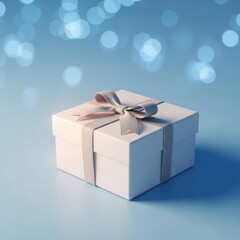 Obraz premium White gift box with beige ribbon on blue bokeh background