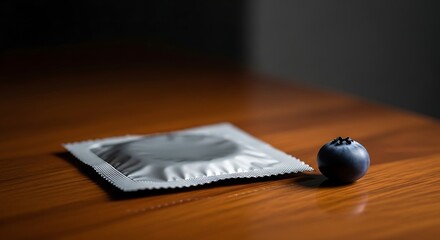 Condom and blueberry on wooden table for safe healthy lifestyle