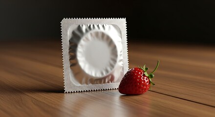 Condom packaging with strawberry on wooden table