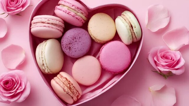 Mothers Day, Valentines Day, love holiday theme. A heartshaped box filled with macarons of various colors, accompanied by delicate pink roses and rose petals on a vibrant pink background.