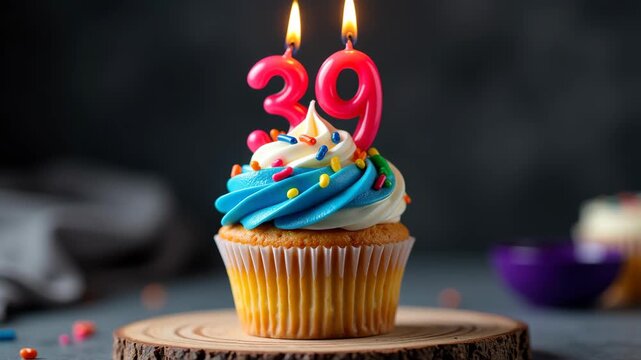 39th birthday. Colored cupcake with whipped cream, sprinkles. candles number 39 
