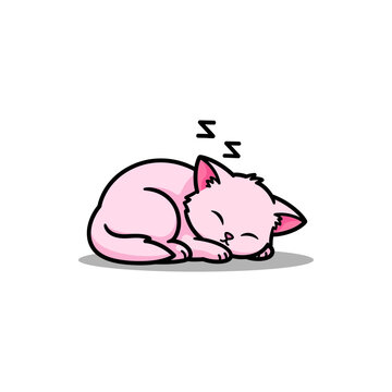 A cute pink cartoon cat is peacefully sleeping, curled up with Zzz symbols above its head on a white background.