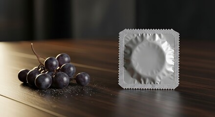 Condom packaging mockup with grapes on wooden table