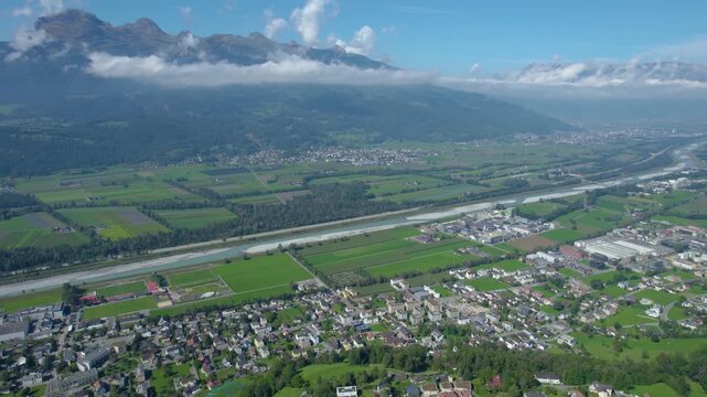 An  aerial panorama view of the old town city Triesenberg in Liechtenstein on a sunny noon in summer