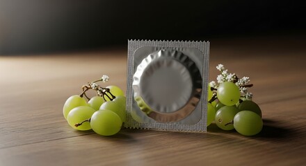 Condom packaging with green grapes on wooden table