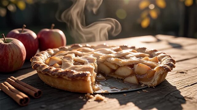 Fresh Apple Pie with Steam, Cinnamon Sticks, Red Apples on Wooden Table, Warm Dessert