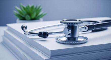 Medical stethoscope resting on stacked books with a plant  
