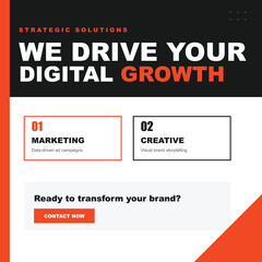 Obraz premium Digital Growth Marketing Agency Social Media Post Template with Orange and Black Accents, Vector Illustration