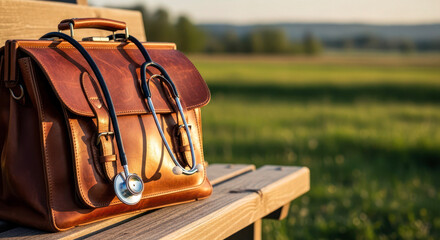 Leather doctor bag with stethoscope on wooden bench in nature  