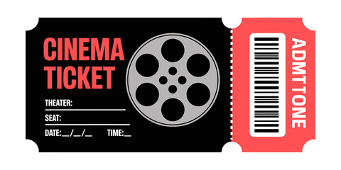 Cinema ticket with film reel and barcode on white background
