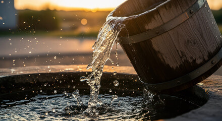 Wooden bucket pouring water from well at sunset  