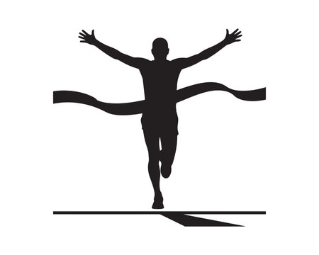 Silhouette of a runner crossing the finish line with arms raised in victory at a race