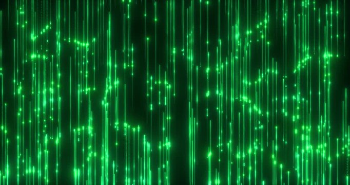 The abstract wall is made up of descending paths of particles, creating the effect of digital rain. The smooth movement of the elements forms a dynamic, mesmerizing pattern that fills the space with e