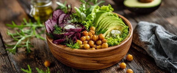 Clean Eating Resolution With Vegan Lunch Bowl Containing Avocado, Chickpeas, and Greens on Wooden Table in Bright Light