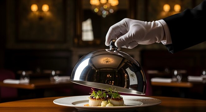 Elegant Restaurant Service Waiter Unveiling Gourmet Dish Under Cloche.
