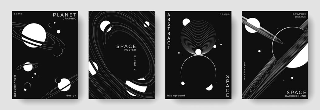 Set of abstract space astronomy backgrounds. Linear simple planet, galaxy, black hole. Black and white science future collection. Futuristic minimal design for cover, poster, banner, flyer, brochure