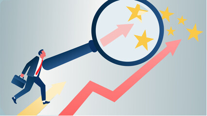 Obraz premium Businessman analyzing rising graph with magnifying glass and stars