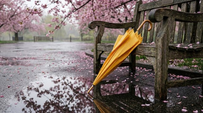 Ombrello giallo chiuso appoggiato a una panchina di legno nel parco sotto la pioggia. Generative AI