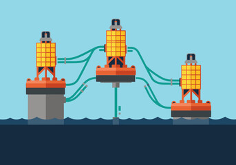 Illustrative offshore buoy monitor system design. Three buoys connected by cables, showcasing a modern, technical visual. Ideal for technology, energy, and marine themes. © Vector Factory