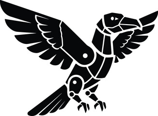 silhouette robotic raven in flight with spread wings vector design