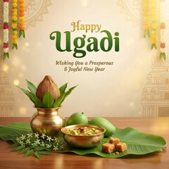 Naklejka premium Happy ugadi celebration with traditional indian food and decorations