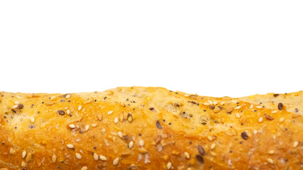 Close-up baguette with sesame and flax seeds on a white background with space for text