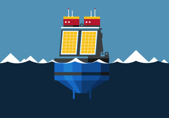 A vibrant wave energy buoy research buoy floats on a blue ocean, showcasing solar panels and a modern design.  Ideal for illustrating renewable energy and ocean technology. © Vector Factory