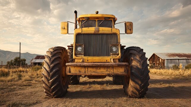 Powerful agricultural tractor facing forward in open farmland