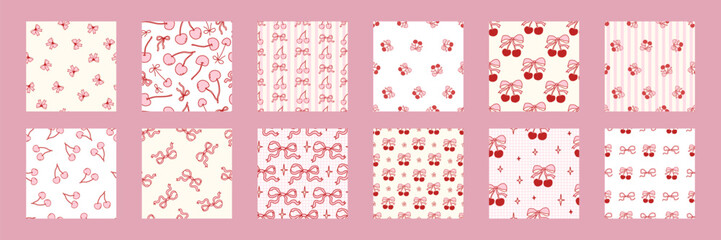 Seamless cherry pattern set with pink bows and hearts. Cute coquette design for fabric, gift wrap, or romantic Valentine's Day backgrounds with girly vintage charm. Vector illustration