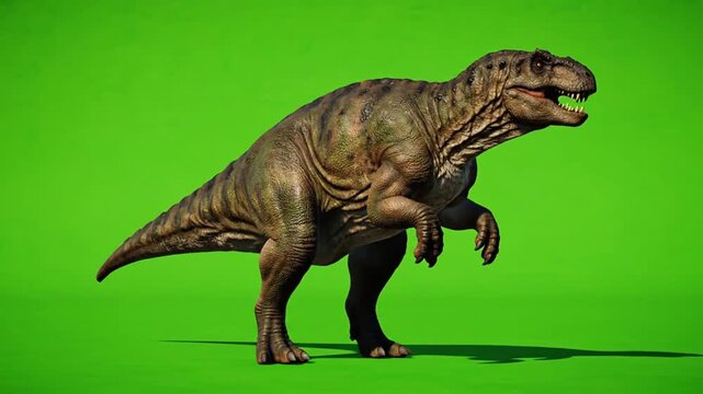 A video dinosaurs greenscreen scene featuring a dinosaur standing on a green background for chroma keying