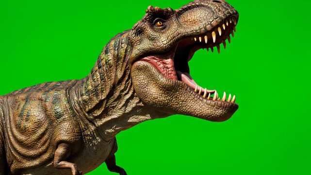 A dinosaur roars fiercely in a greenscreen video dinosaurs environment