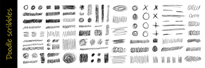 Hand-drawn pen scribbles and squiggles create messy doodle strokes, perfect for chaotic sketches, graffiti art, or expressive marker designs with tangled lines.
