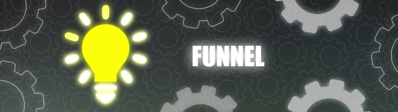Bright Yellow Light Bulb Illuminates the Word FUNEL Against a Dark Background of Interlocking Gears