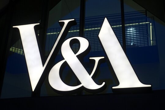 Located on the exterior of the building in London is the logo of the Victoria and Albert Museum