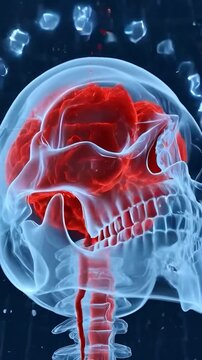 3D medical animation of brain hemorrhage with red blood pooling
