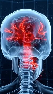 3D medical animation of brain hemorrhage with red blood pooling