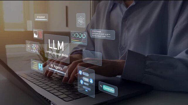 Large language model(LLM) with AI technology.User working on laptop in LLM,Data performrange language tasks,answering questions, summarizing information, translating languages, writing code.	
