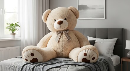 Giant Teddy Bear on Bed - A Cozy and Comforting Scene.