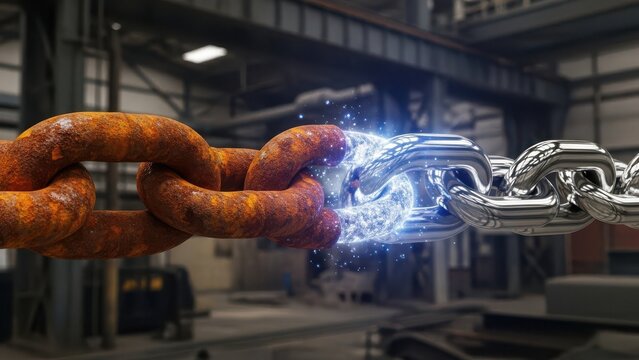 A rusted chain connected to a shiny new chain, with a glowing link between them