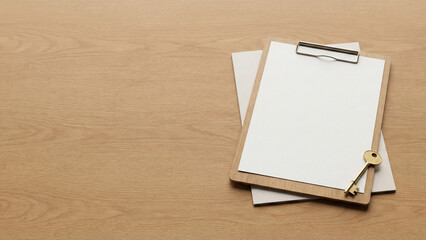 Real estate closing paperwork with clipboard, blank paper and house key, copy space