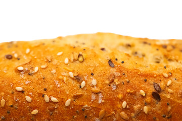 Close-up of baguette texture with flax and sesame seeds
