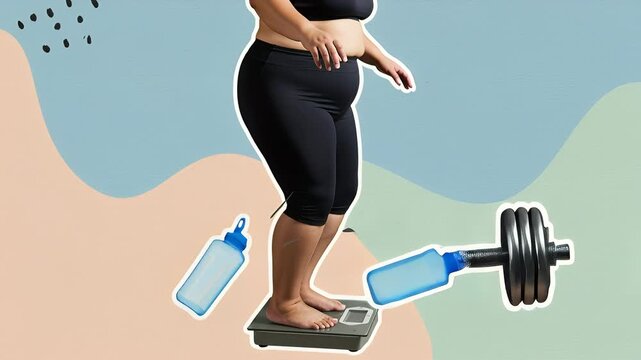 Plus size woman on scale with food and lifestyle icons illustrating concept of weight loss and healthy transformation on pastel background, creative animation with photography cutouts