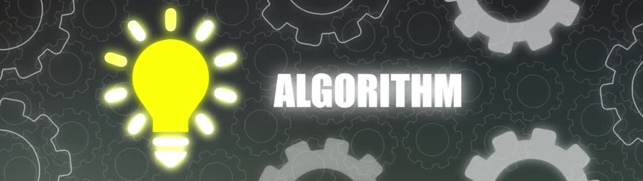 Glowing yellow light bulb with the word ALGORITHM illuminated against a dark background of interlocking gears
