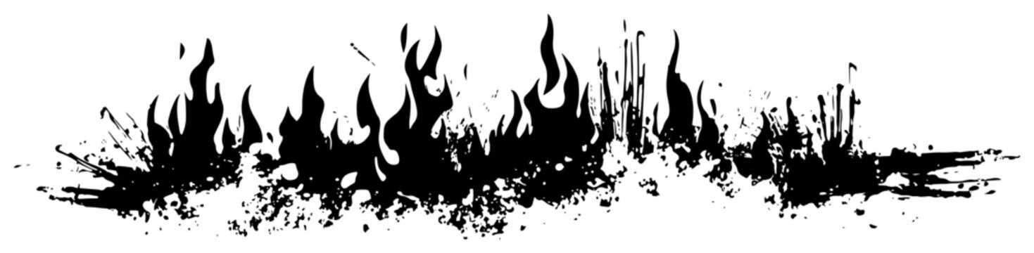 Horizontal border of burning fire flames in black grunge ink style