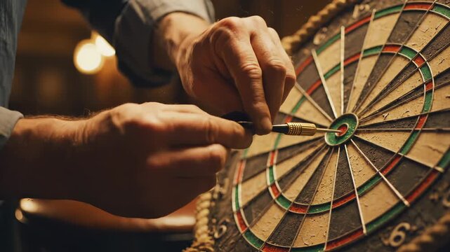 Man hand pulls dart from red center bullseye. Player removes sharp tip from target board. Hand holds dart in red bullseye. Man plays fun game of darts. Hand pulls sharp tip from old target board.