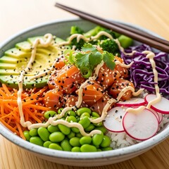 Fresh, colorful seafood and vegetable bowl rests on a wooden surface with chopsticks overhead